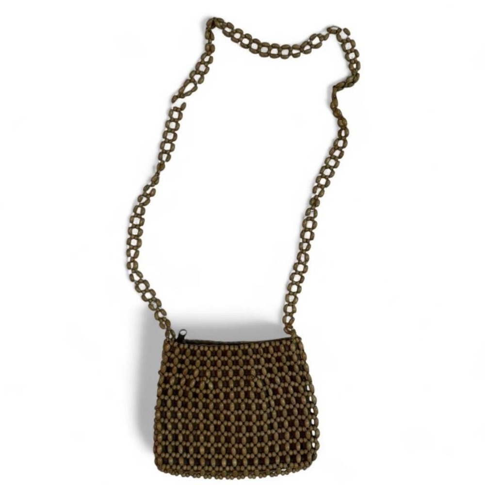 Vintage 60s 70s wood beaded brown crossbody purse with beaded chain strap‎